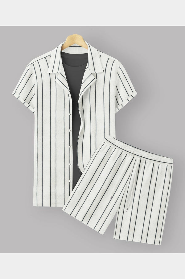 ASCOT PURE COTTON WHITE STRIPED RELAXED-FIT SHIRT & SHORTS SET
