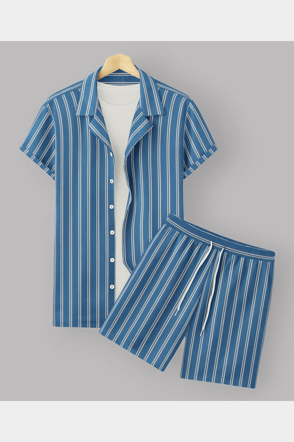 ASCOT PURE COTTON BLUE STRIPED RELAXED-FIT SHIRT & SHORTS SET