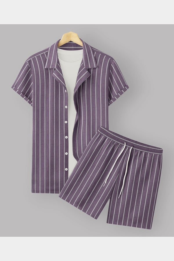 ASCOT PURE COTTON PURPULE STRIPED RELAXED-FIT SHIRT & SHORTS SET